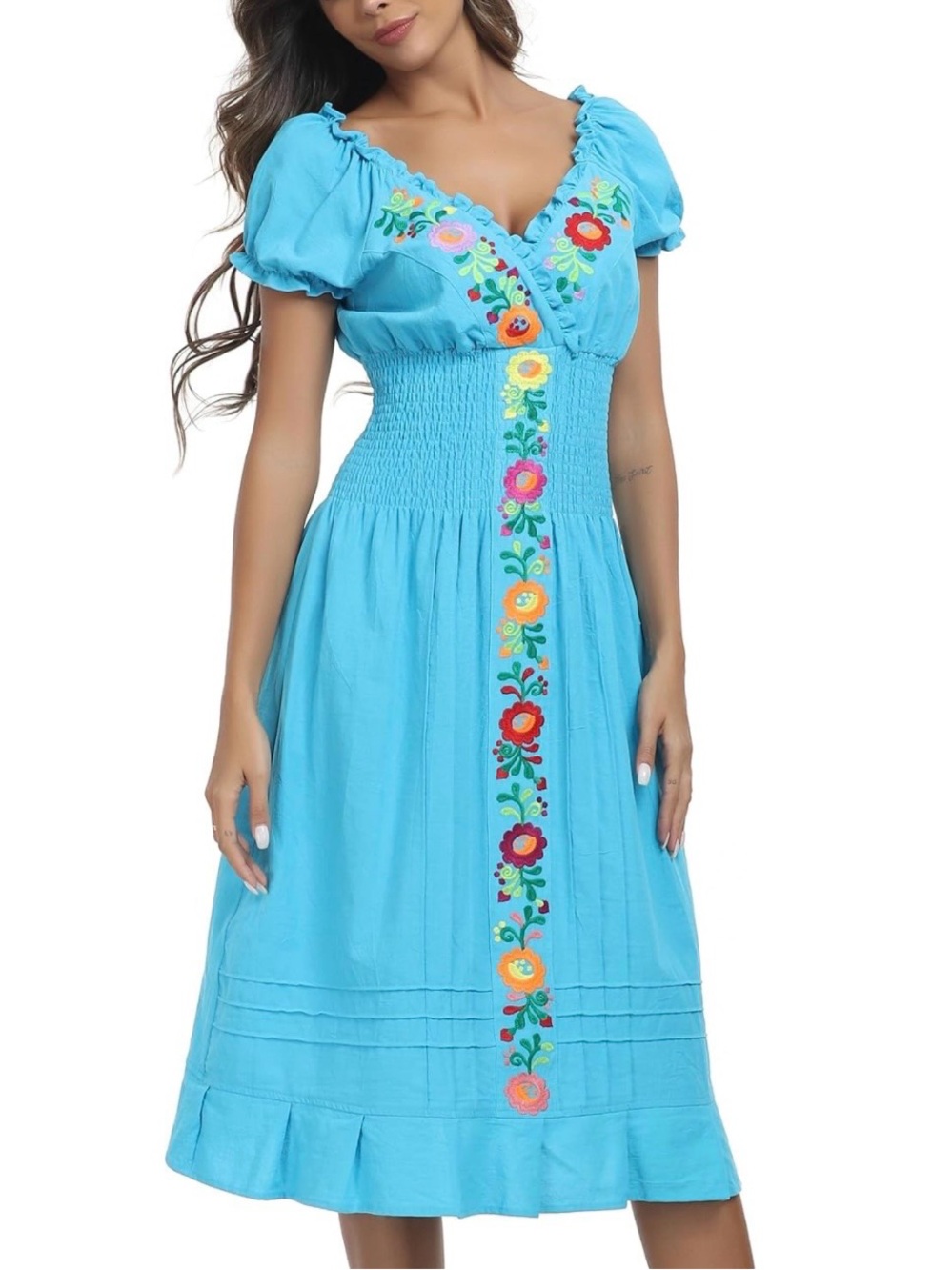 100% cotton NWT Sky Blue Floral Embroidered boho Summer Mexican Dress Size L